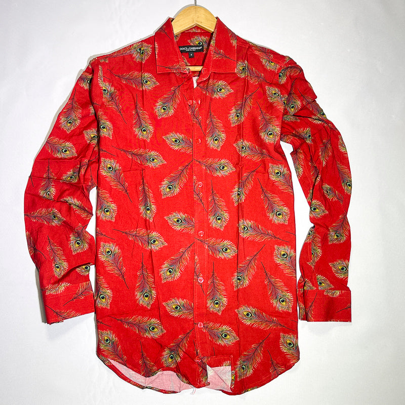 Red peacock feather men shirt