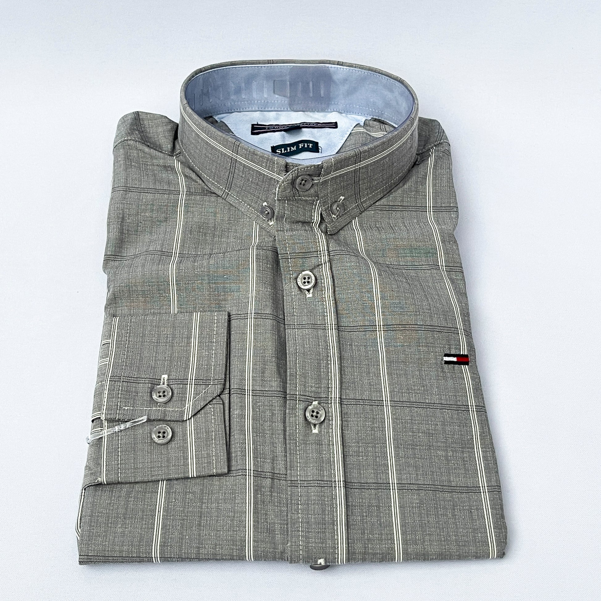 Slim Fit Gray Striped Oxford Shirt - TH37