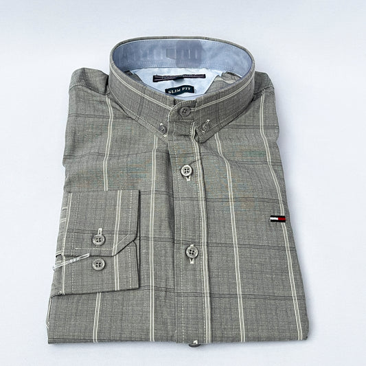 Slim Fit Gray Striped Oxford Shirt - TH37