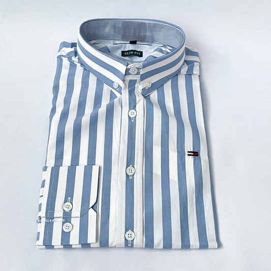 Slim Fit Blue Striped Oxford Shirt - TH38