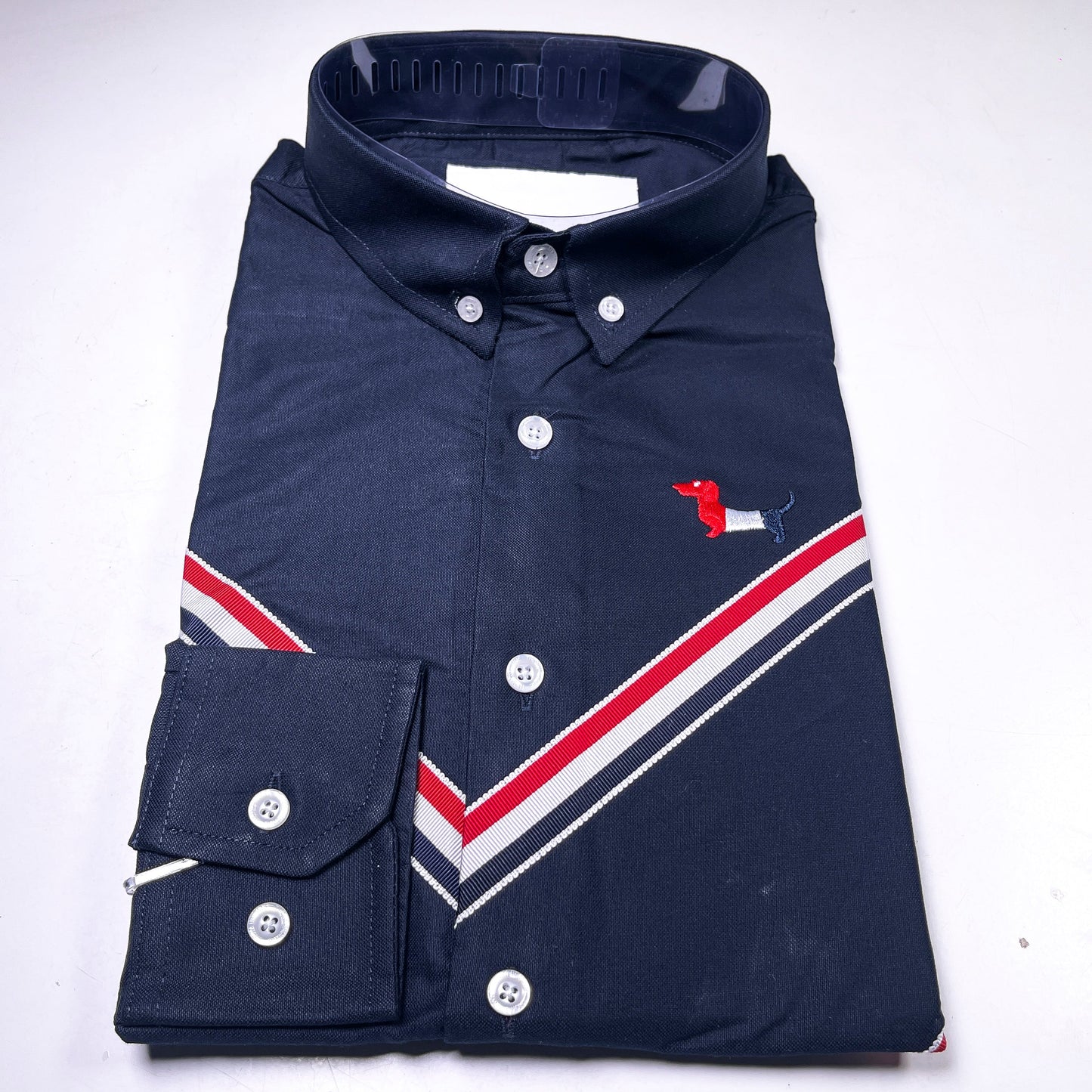 Men's navy-blue long sleeved button-down oxford shirt by T. Browne