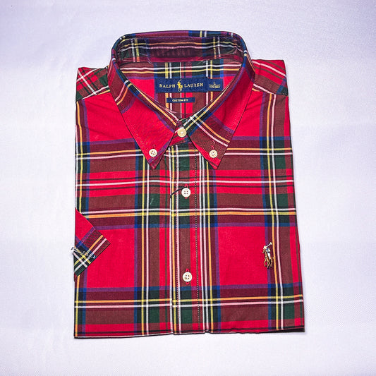 Custom fit short sleeve oxford men shirt - red tartan