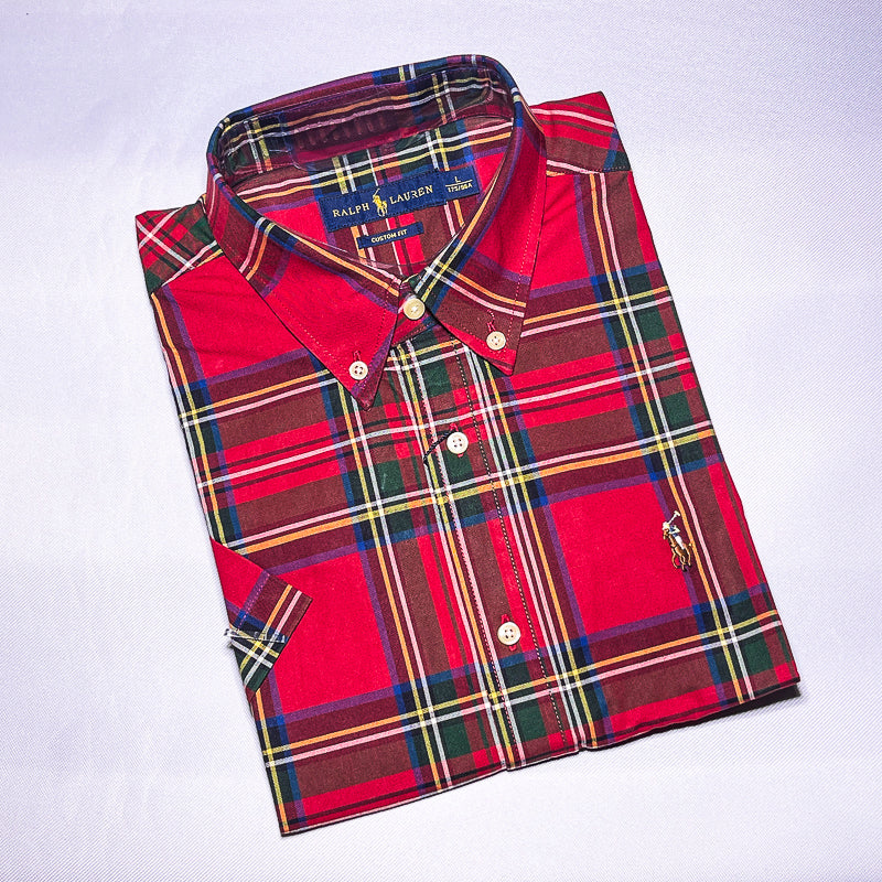 Custom fit short sleeve oxford men shirt - red tartan