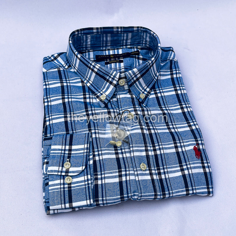 Chambray Check Classic Men Long Sleeve Shirt