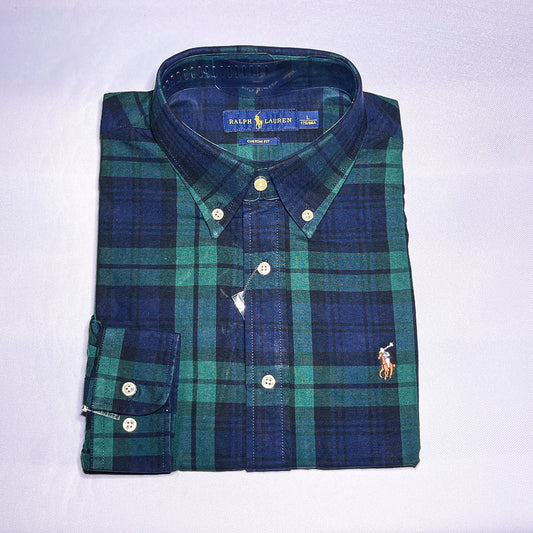 Custom fit long sleeve oxford men shirt - blue tartan