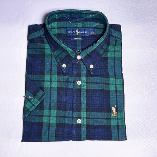 Custom fit short sleeve oxford men shirt - blue tartan