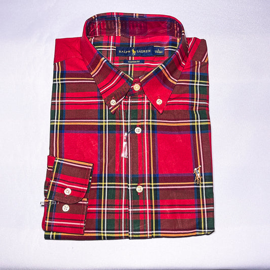 Custom fit long sleeve oxford men shirt - red tartan