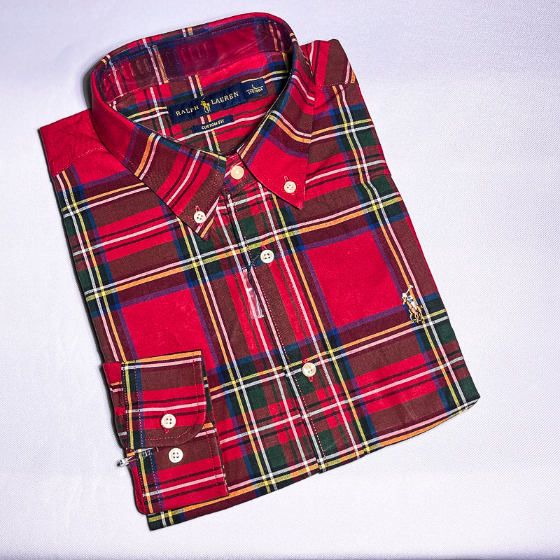Custom fit long sleeve oxford men shirt - red tartan